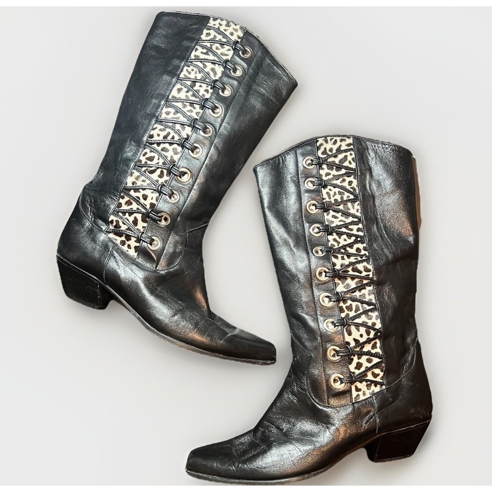 Jenni Italy Vintage Black Leather Mid-Calf Boots Leopard Print Lace Up Sz 8.5 B‎